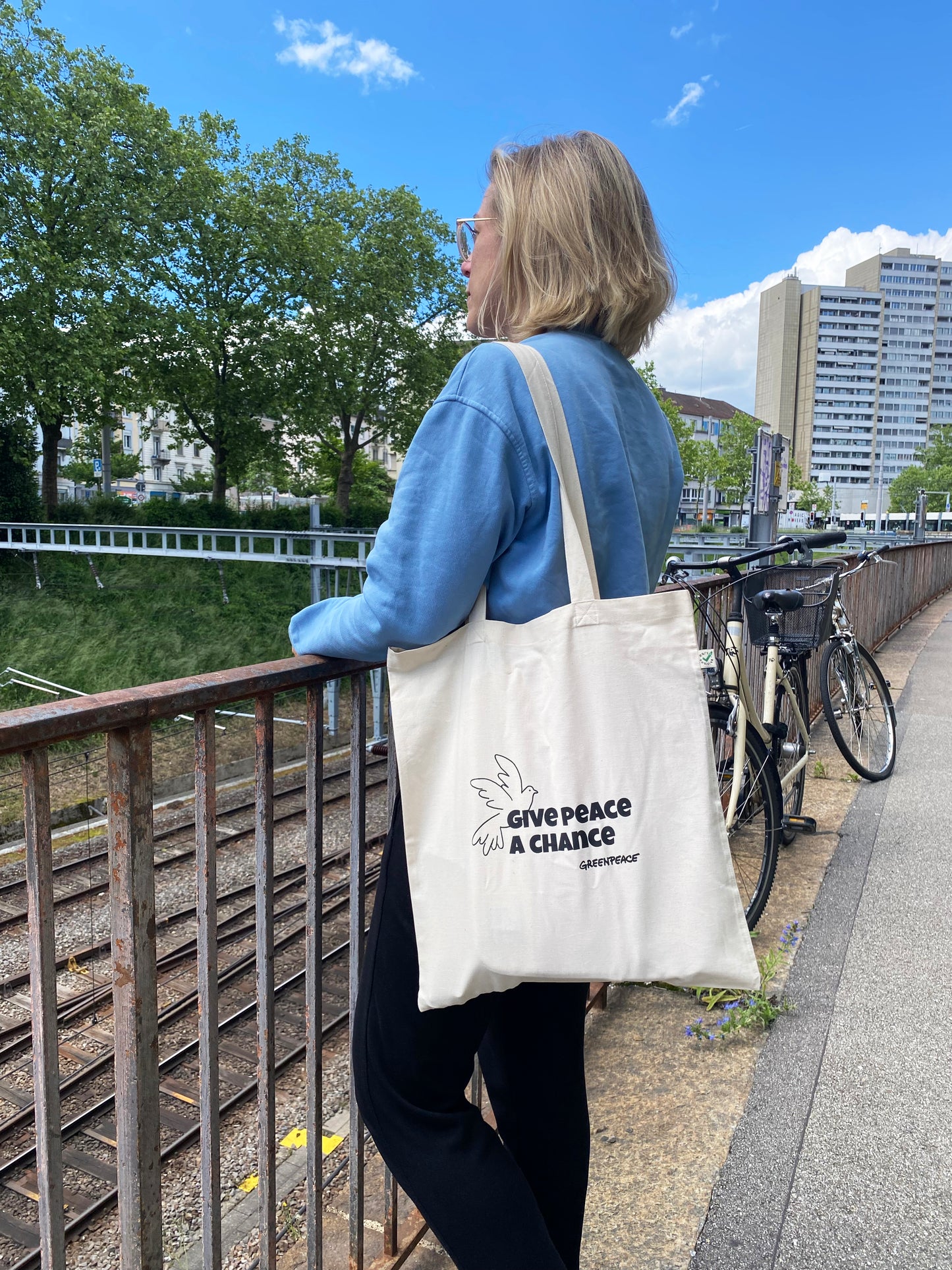 Grosse Stofftasche "Give Peace A Chance" Natur